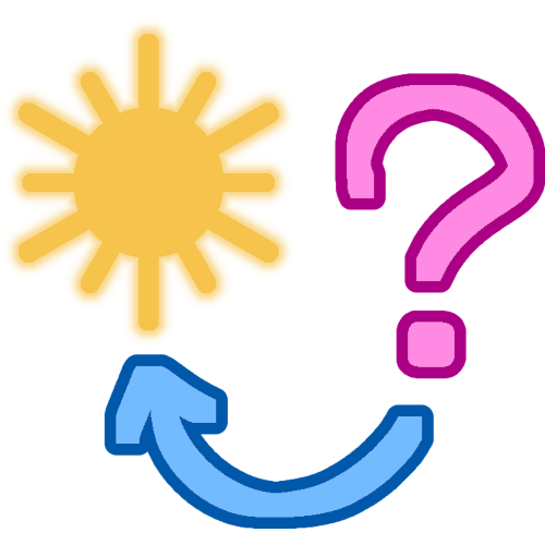 A pink question mark with a blue arrow pointing to the sun.